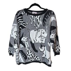 Turtle Bay Vintage Black and White Zoo Safari Novelty Knit Sweater
